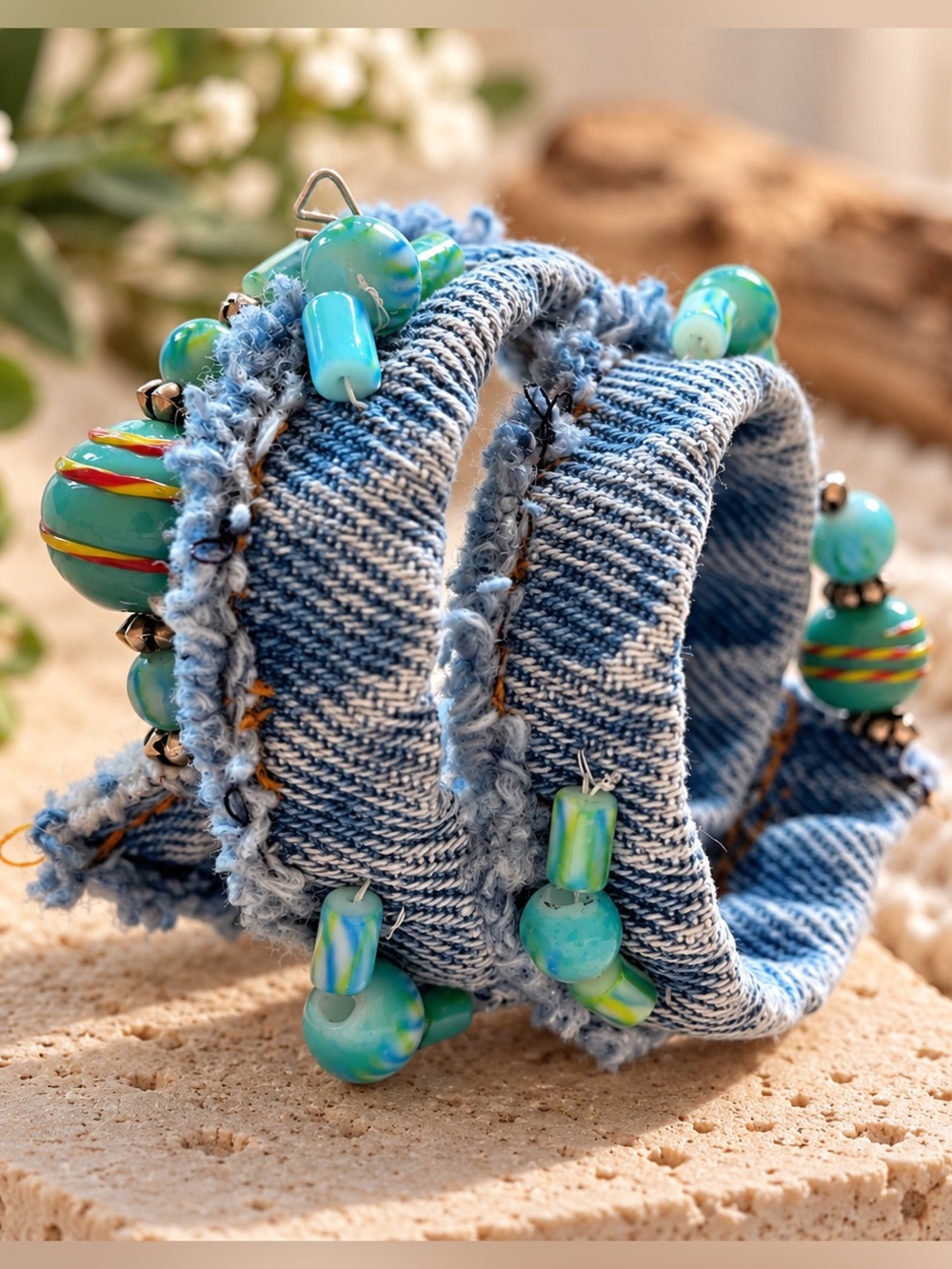 Handmade Denim Memory Wire Bracelet | Beaded Boho Cuff | Upcycled Statement